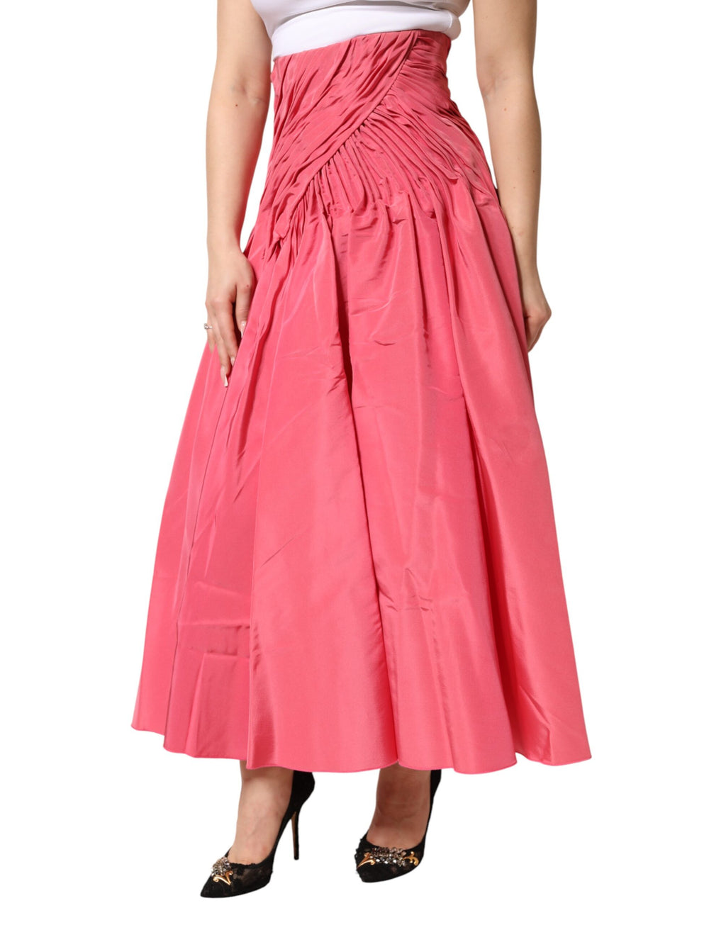 Dolce & Gabbana Pink Pleated High-Waist Silk Midi Skirt