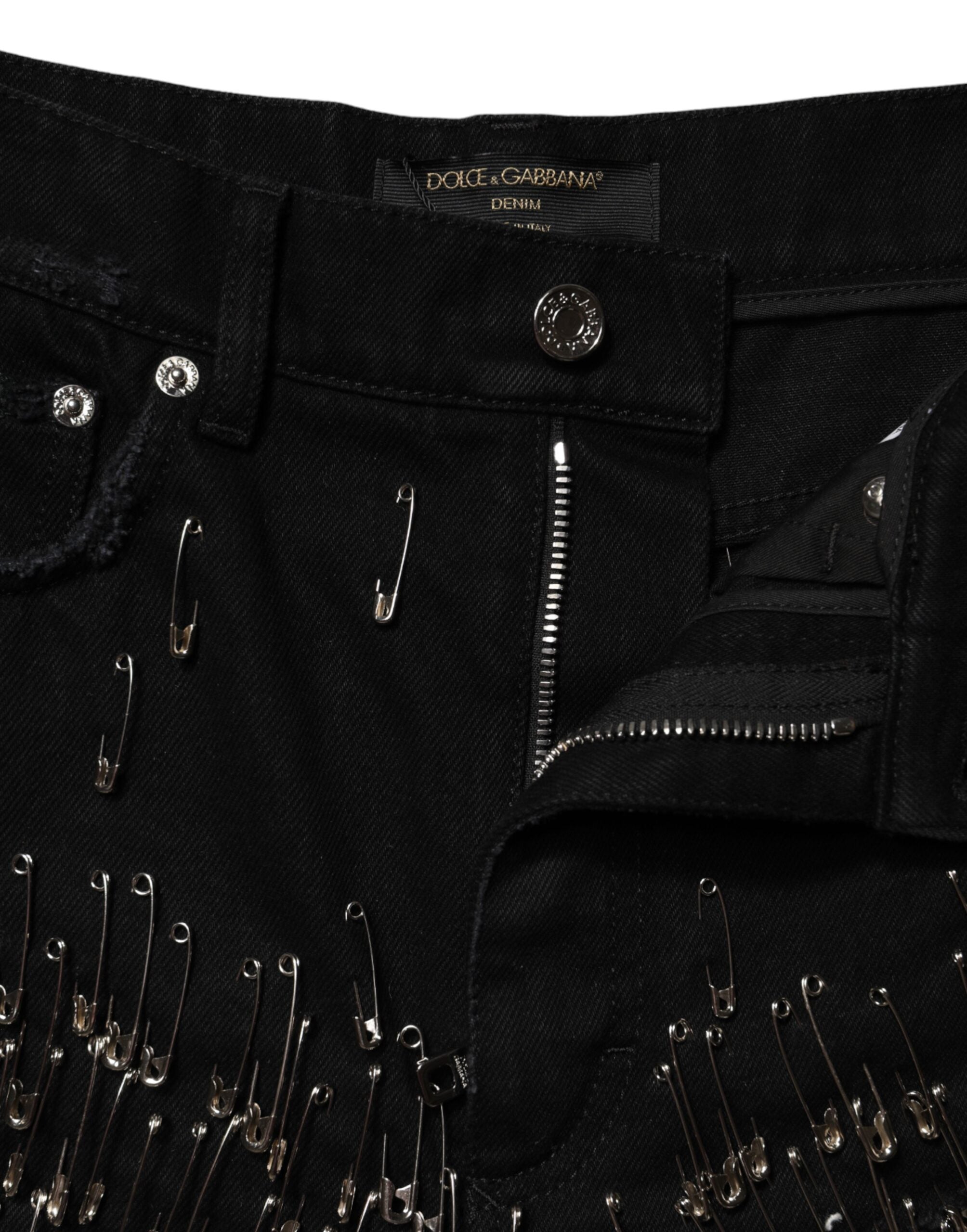 Dolce & Gabbana Black Cotton Denim Hot Pants with Pin Details