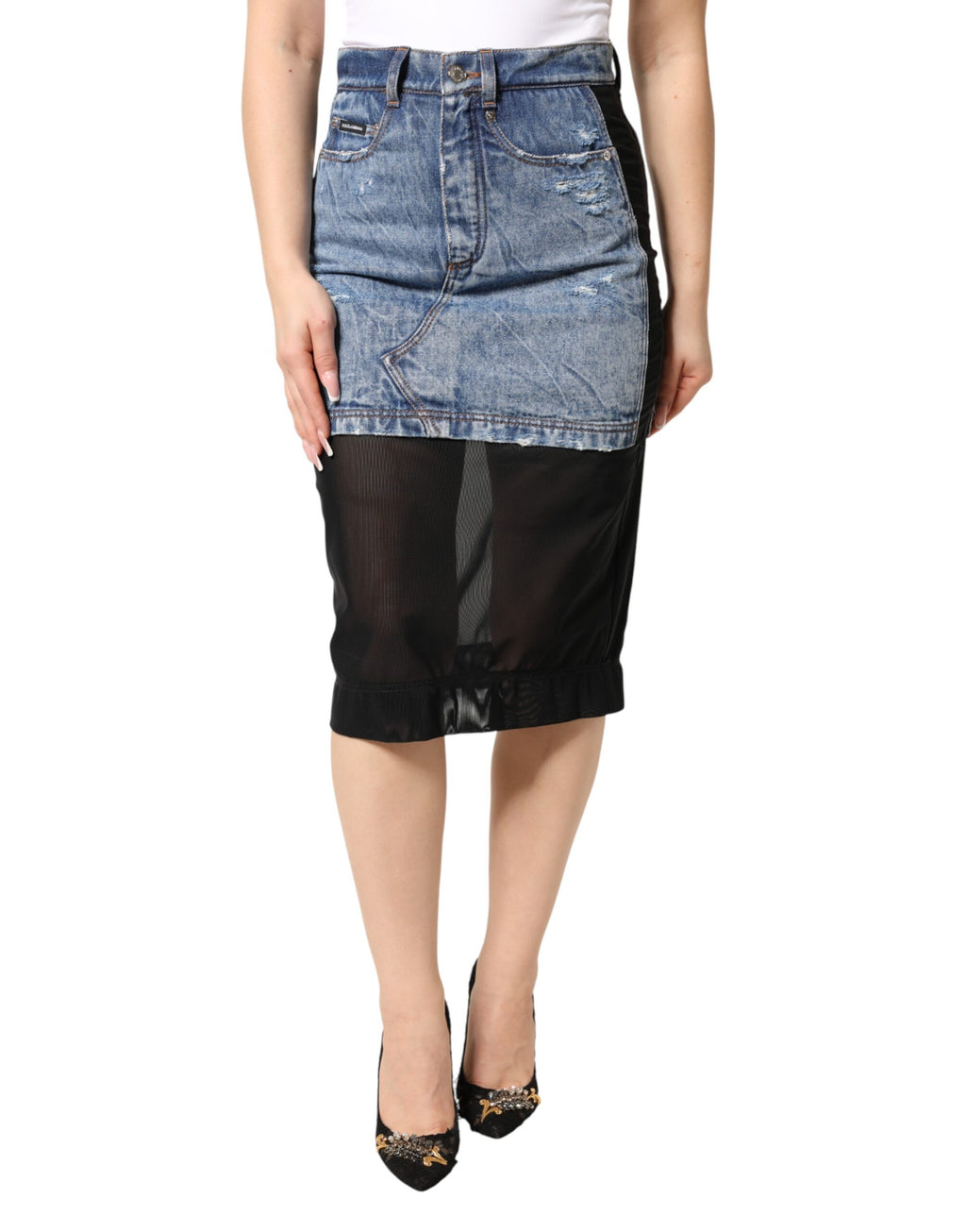 Dolce & Gabbana Blau-Schwarzer Baumwoll-Denim-Midi-Rock mit transparenten Einsätzen