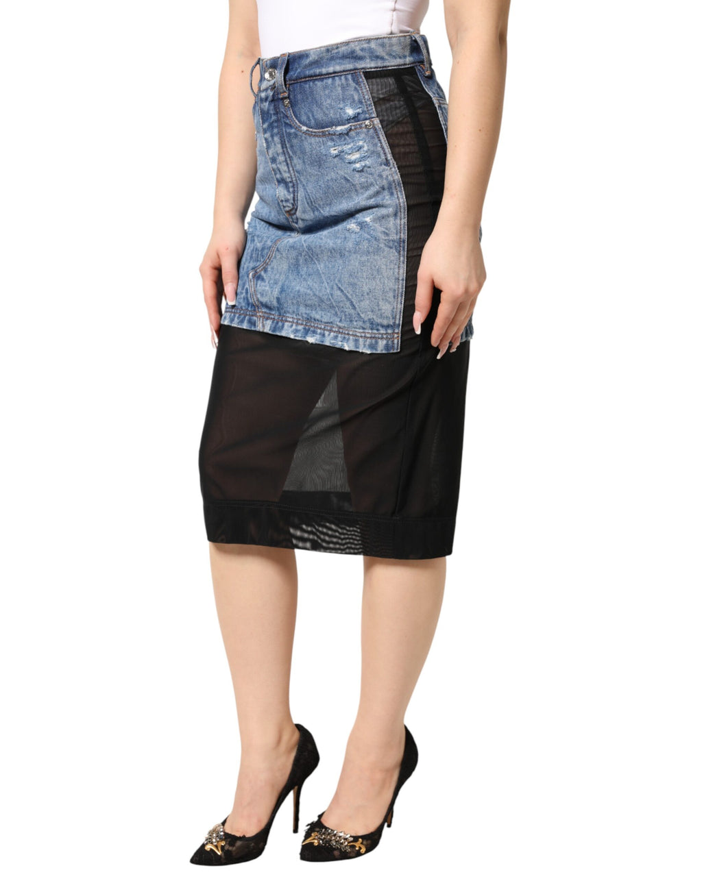 Dolce & Gabbana Blau-Schwarzer Baumwoll-Denim-Midi-Rock mit transparenten Einsätzen