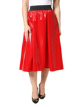 Dolce & Gabbana Glossy Red High-Waisted Polyester Midi Skirt
