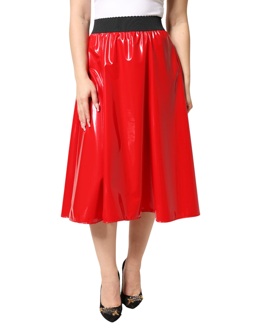 Dolce & Gabbana Glossy Red High-Waisted Polyester Midi Skirt