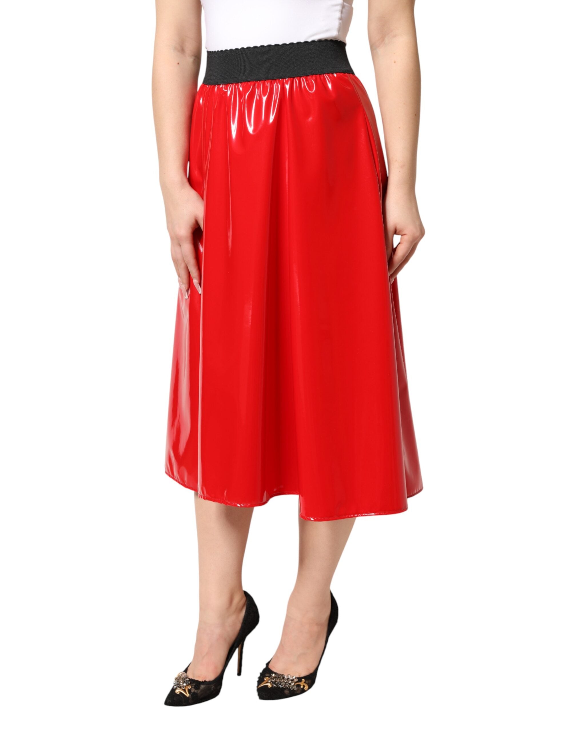 Dolce & Gabbana Glossy Red High-Waisted Polyester Midi Skirt