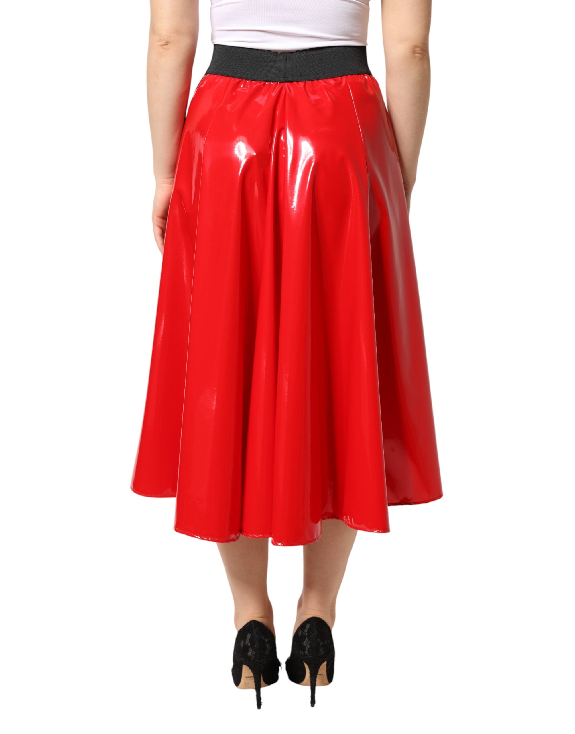 Dolce & Gabbana Glossy Red High-Waisted Polyester Midi Skirt