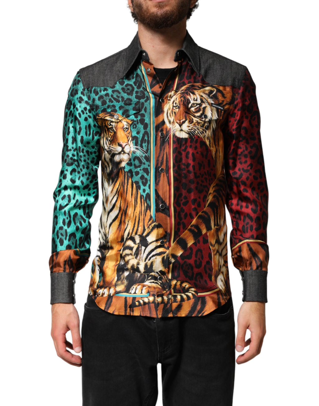 Dolce & Gabbana Men's Multicolor Silk Shirt with Tiger and Leopard Print