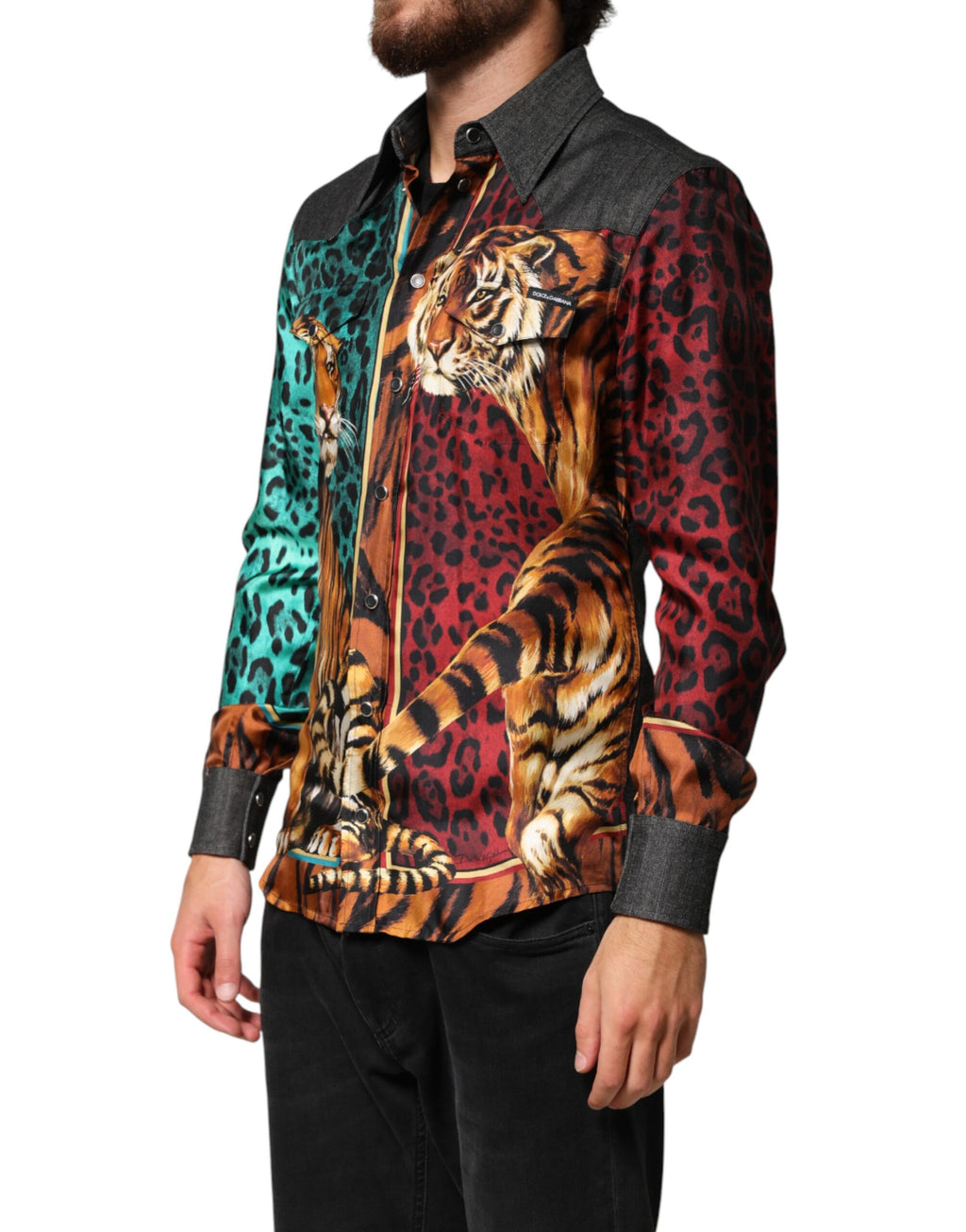 Dolce & Gabbana Men's Multicolor Silk Shirt with Tiger and Leopard Print