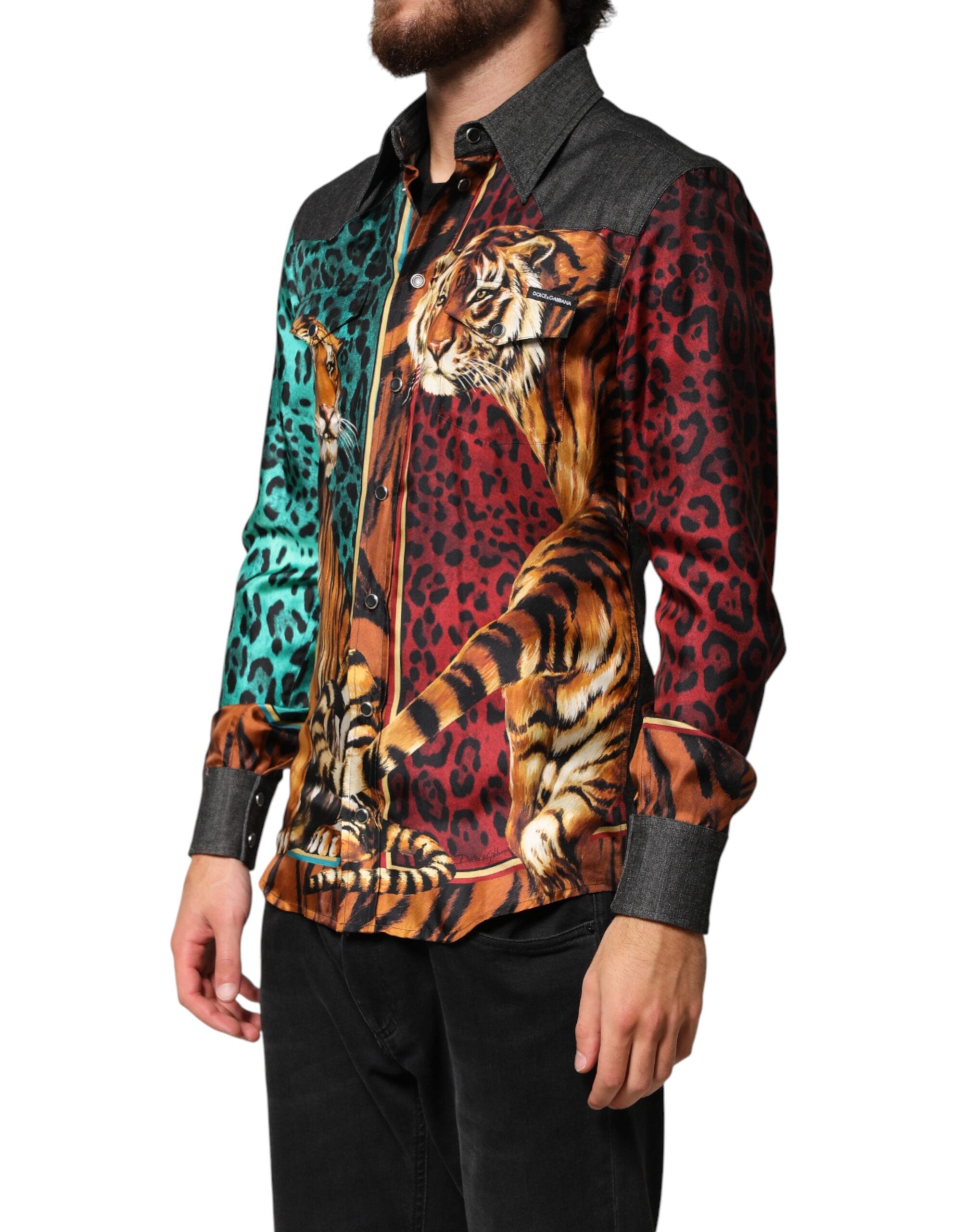 Dolce & Gabbana Men's Multicolor Silk Shirt with Tiger and Leopard Print