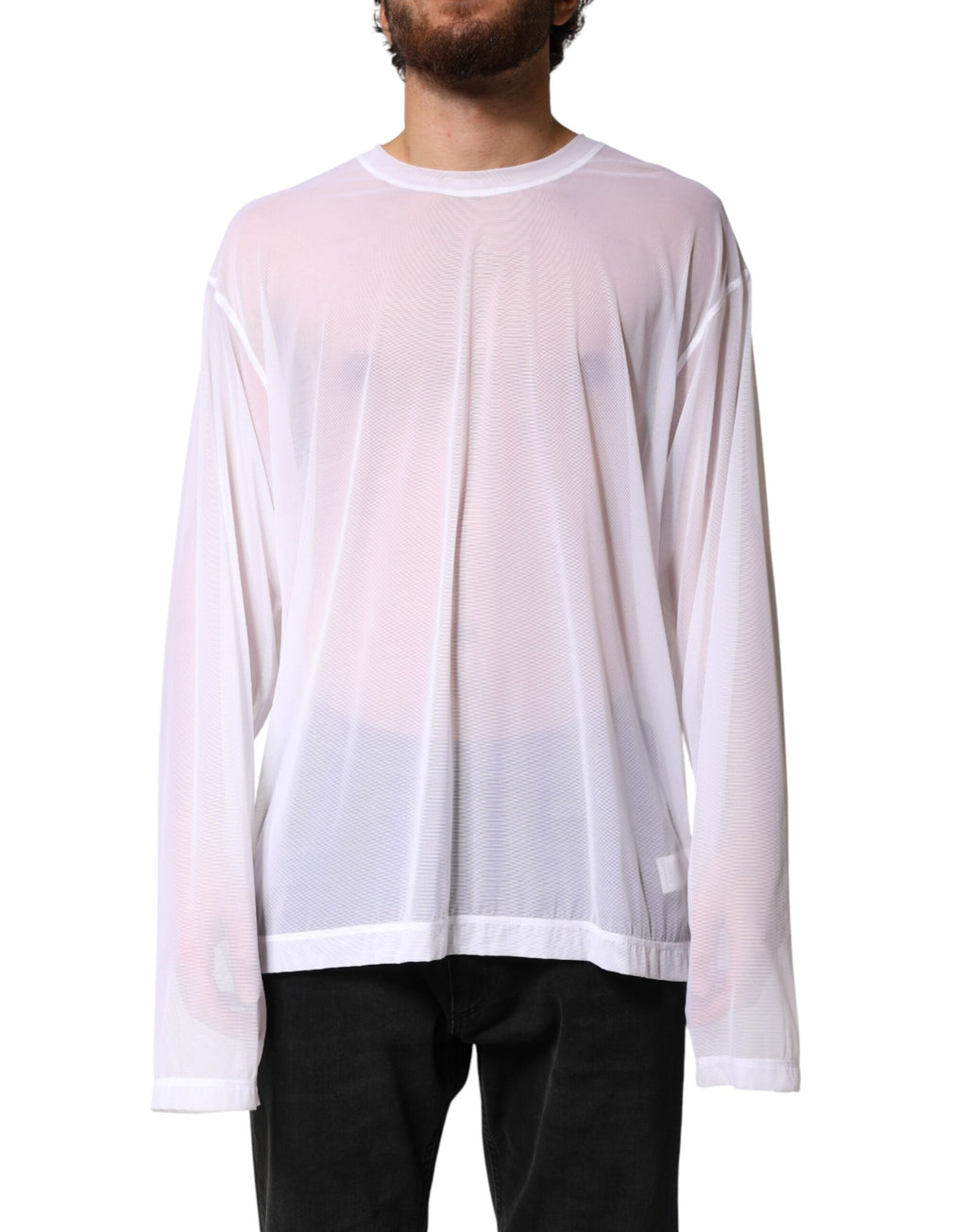 Dolce & Gabbana White Long-Sleeved Nylon Crewneck T-Shirt