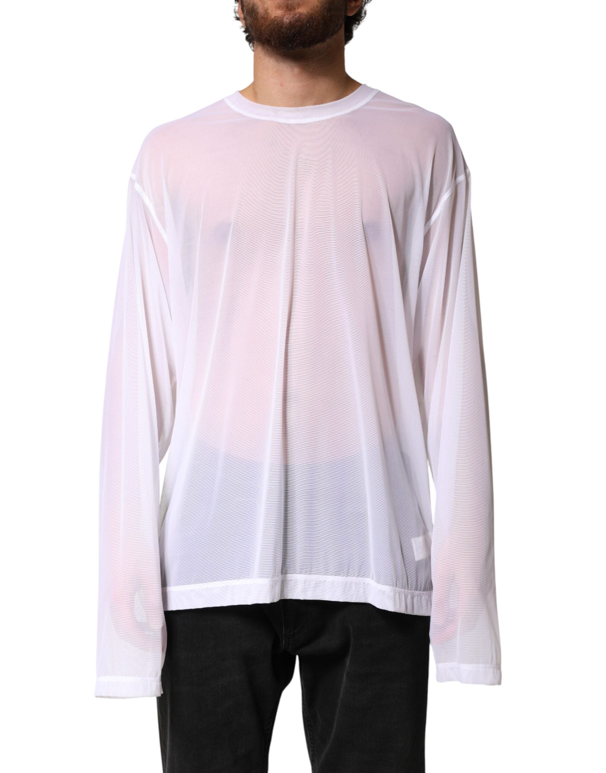 Dolce & Gabbana White Long-Sleeved Nylon Crewneck T-Shirt