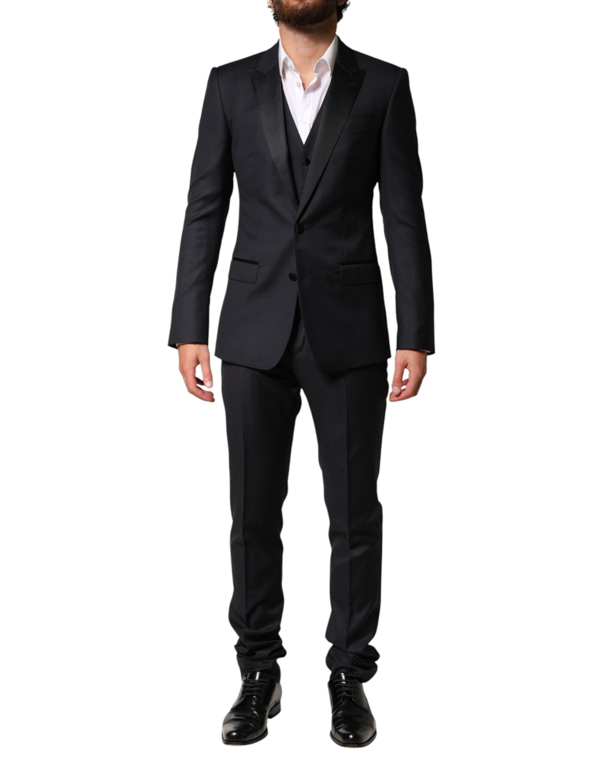 Dolce & Gabbana Schwarzer Woll-Anzug im 3-Teiler-Design mit Einreiher
