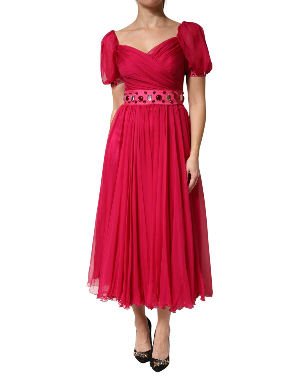 Dolce & Gabbana Pink Embellished A-line Silk Midi Dress