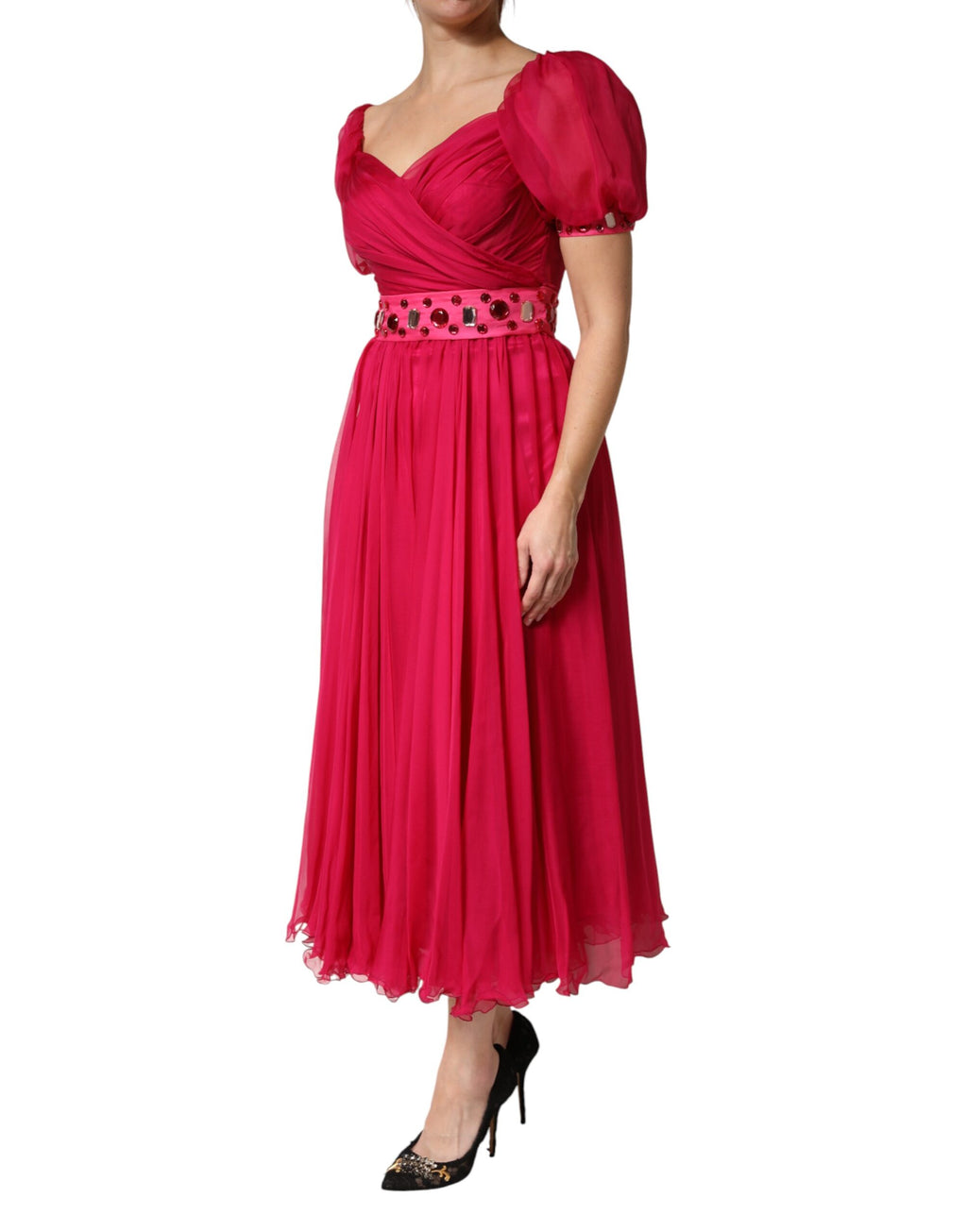 Dolce & Gabbana Pink Embellished A-line Silk Midi Dress