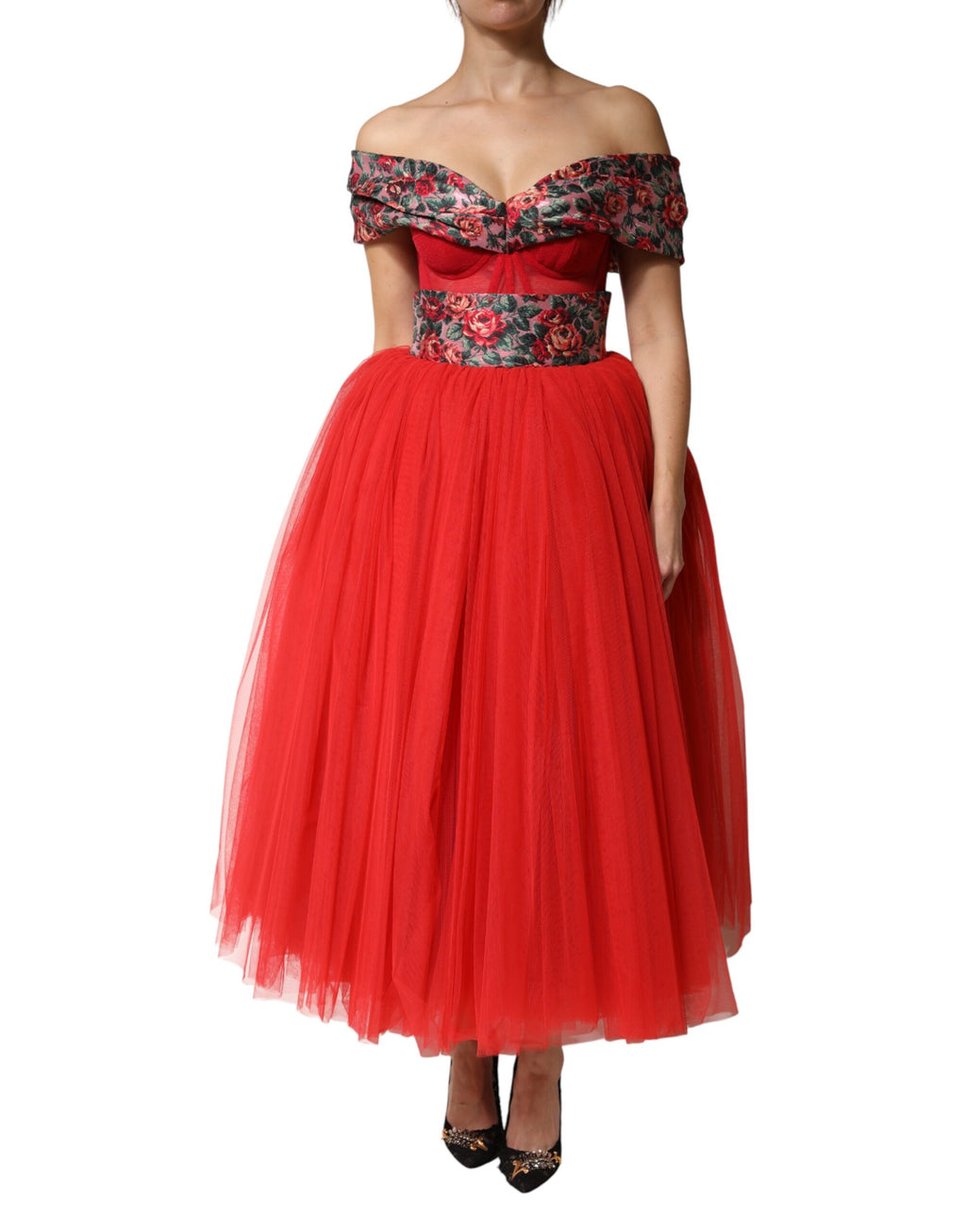 Dolce & Gabbana Red Floral Off-the-Shoulder A-Line Evening Gown