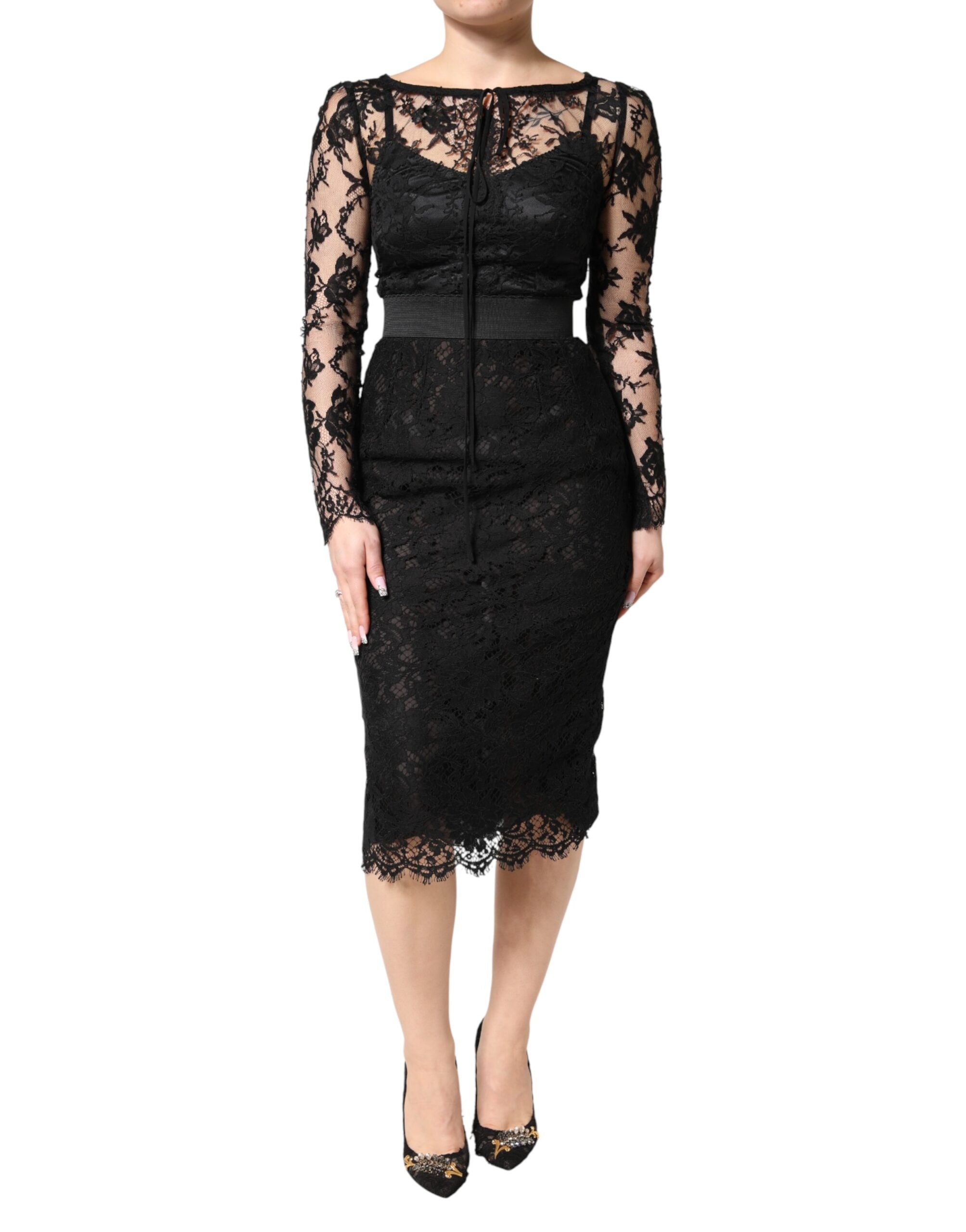 Dolce & Gabbana Black Cotton Sheath Dress with Lace Details, Midi-Length
