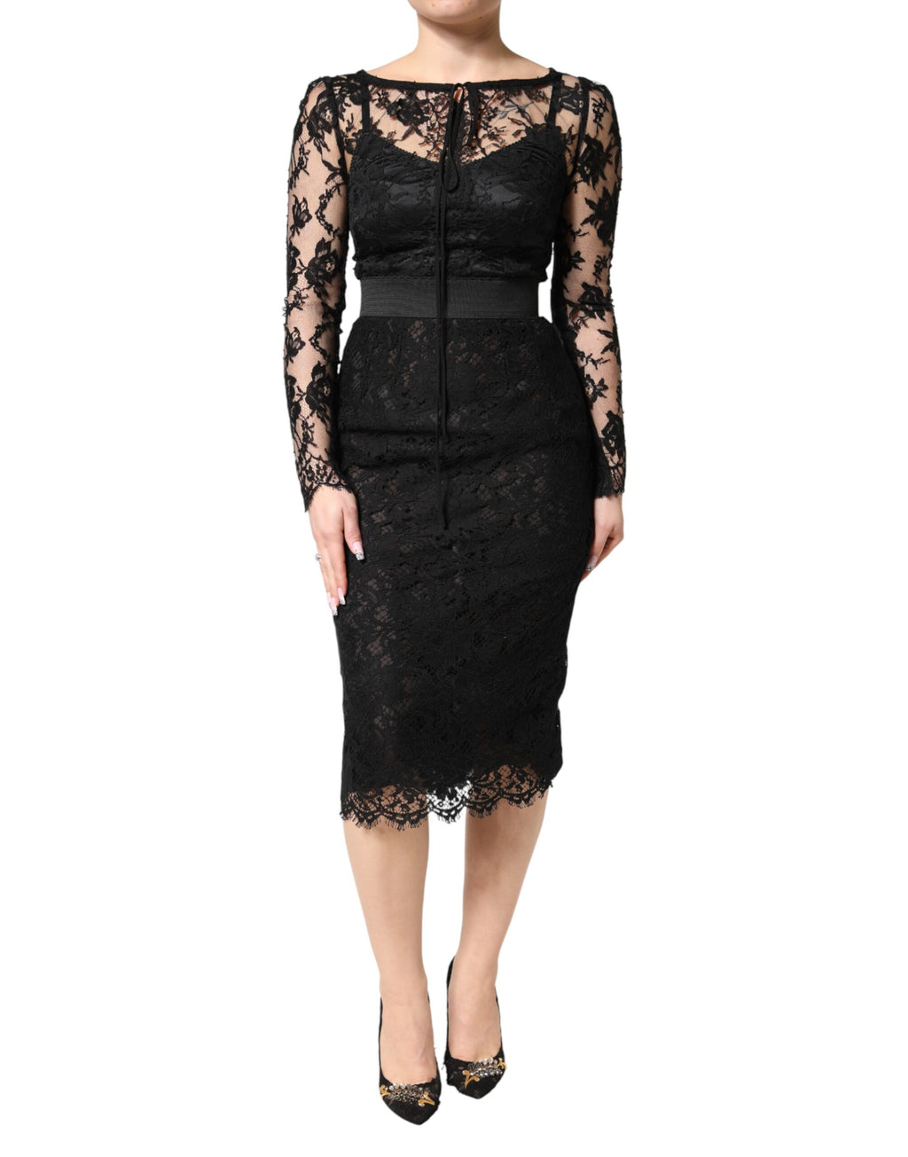 Dolce & Gabbana Black Cotton Sheath Dress with Lace Details, Midi-Length