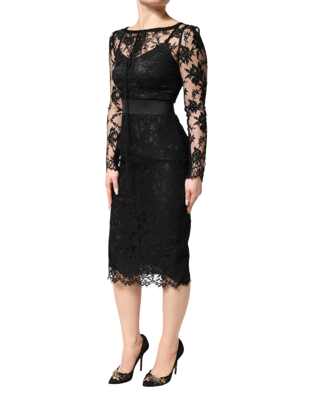 Dolce & Gabbana Black Cotton Sheath Dress with Lace Details, Midi-Length