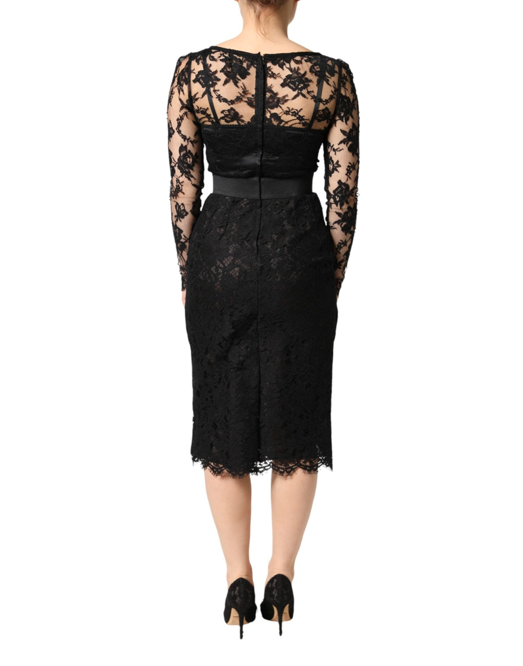 Dolce & Gabbana Black Cotton Sheath Dress with Lace Details, Midi-Length