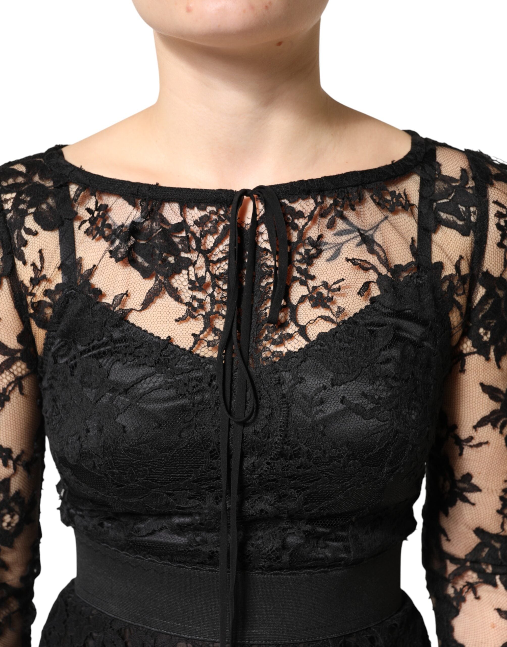 Dolce & Gabbana Black Cotton Sheath Dress with Lace Details, Midi-Length