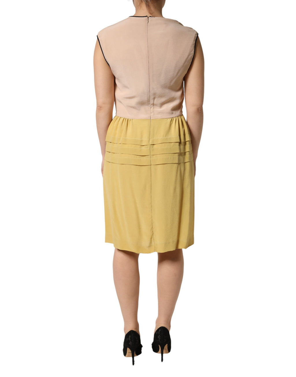 FILOS Mehrfarbiges Seidenkleid mit tiefem V-Ausschnitt, ärmellos und knielang