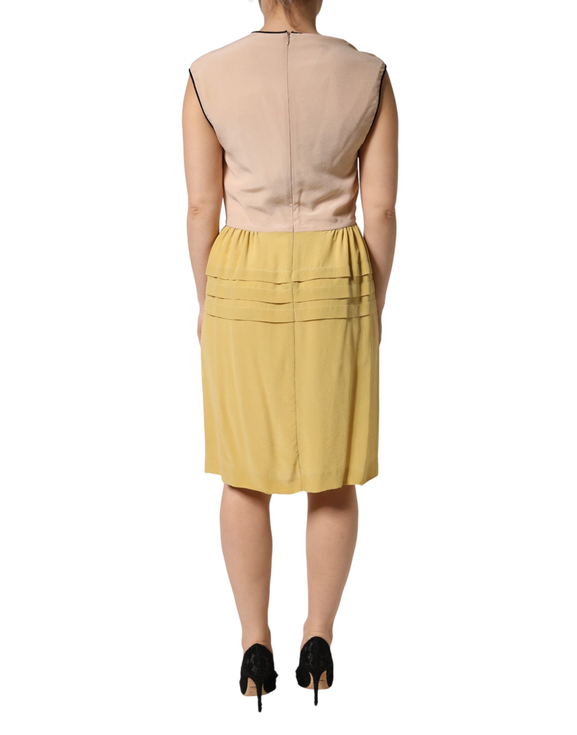 FILOS Mehrfarbiges Seidenkleid mit tiefem V-Ausschnitt, ärmellos und knielang