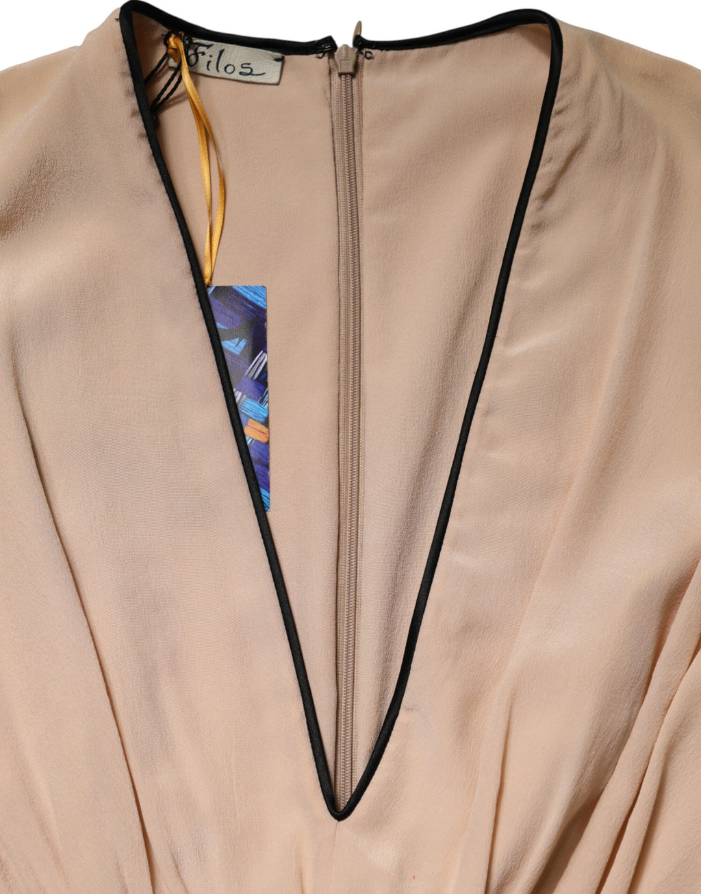 FILOS Mehrfarbiges Seidenkleid mit tiefem V-Ausschnitt, ärmellos und knielang