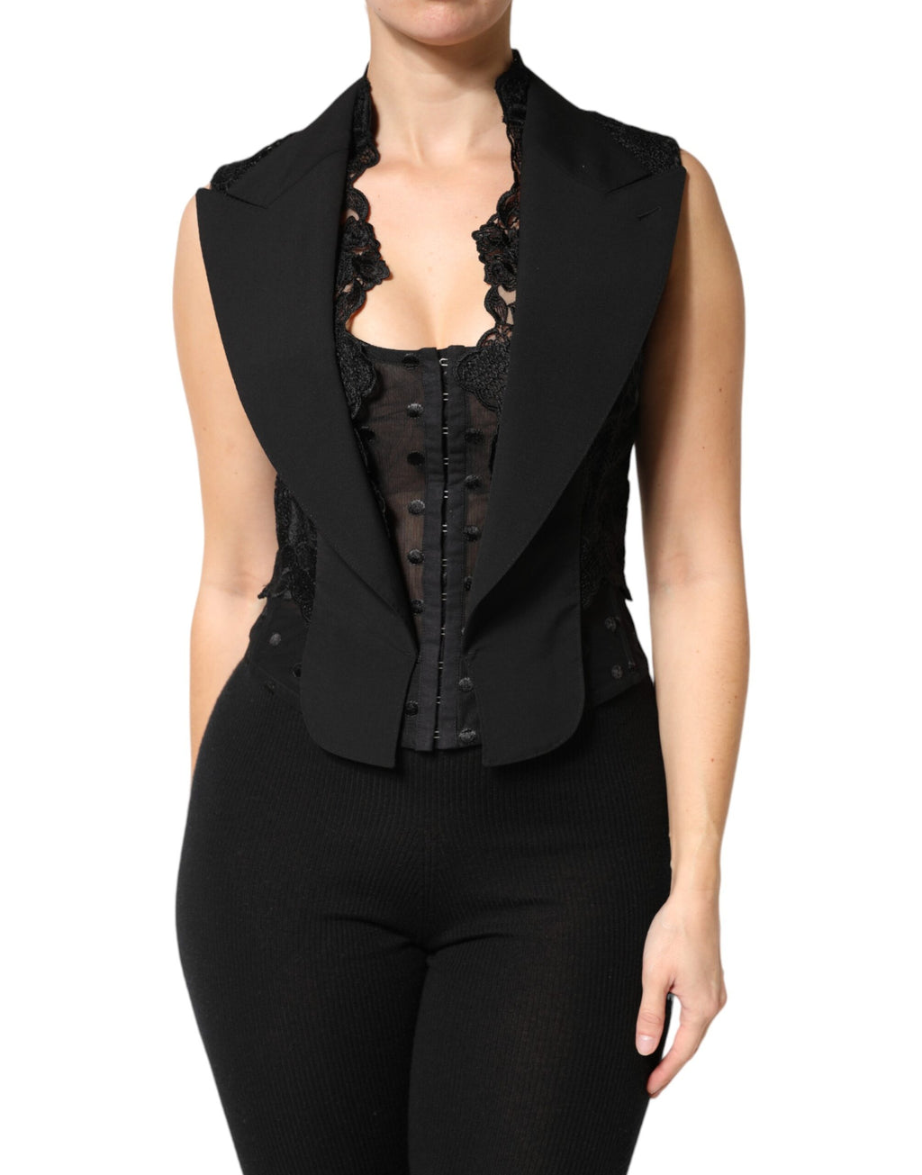 Dolce & Gabbana Black Lace Vest with V-Neck, Slit Hem, and Ruched Waist