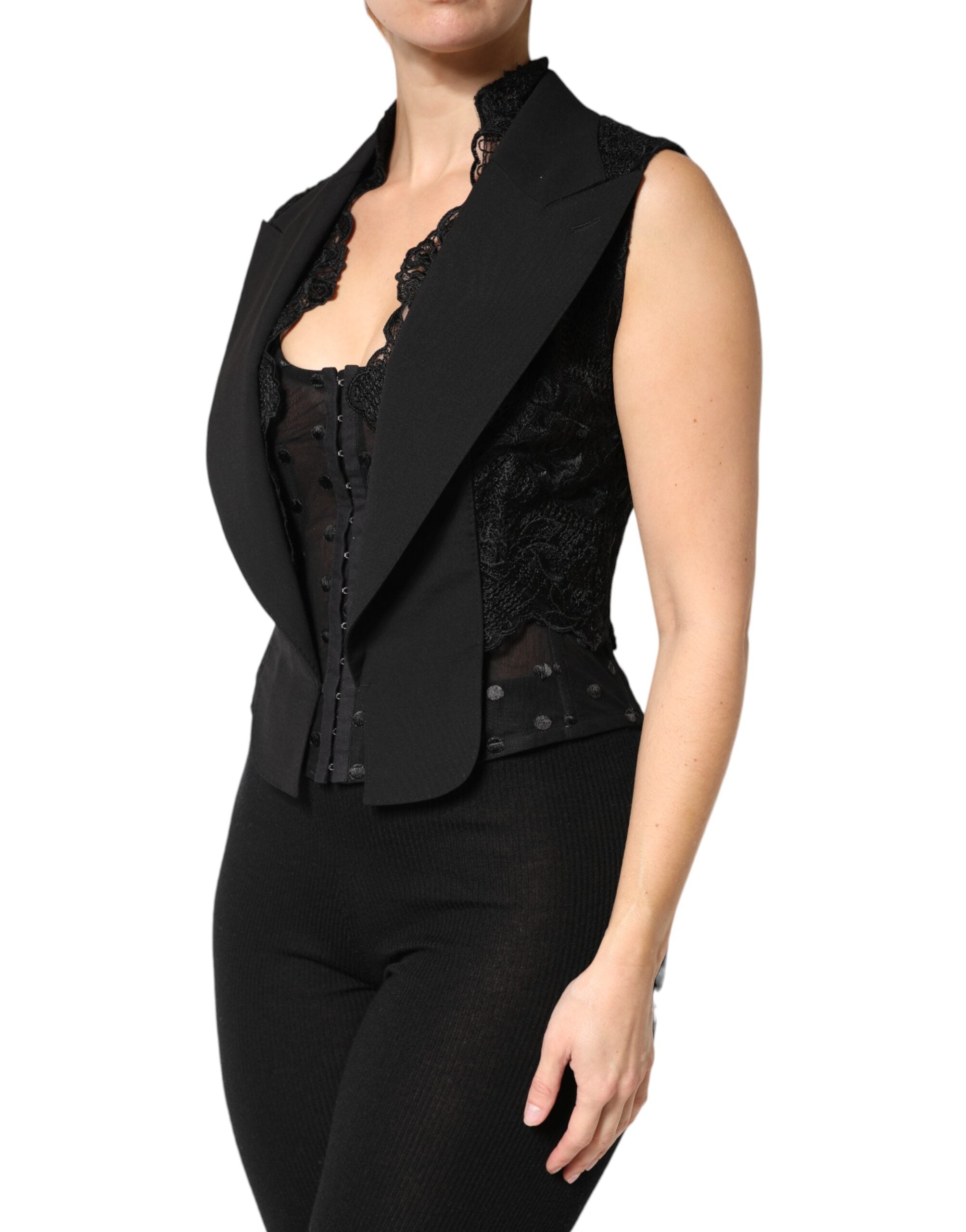 Dolce & Gabbana Black Lace Vest with V-Neck, Slit Hem, and Ruched Waist