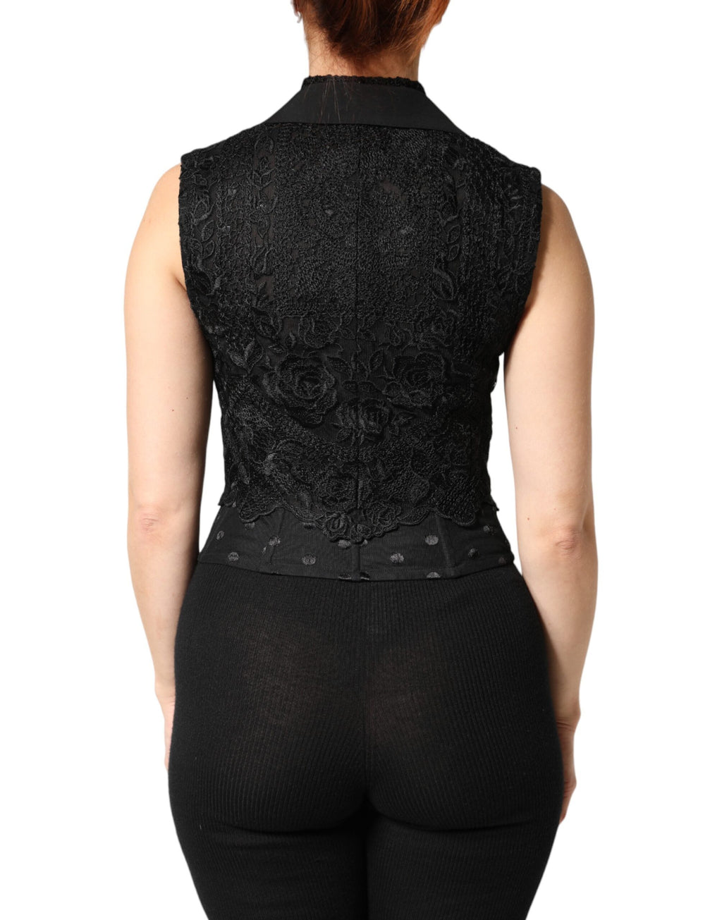 Dolce & Gabbana Black Lace Vest with V-Neck, Slit Hem, and Ruched Waist