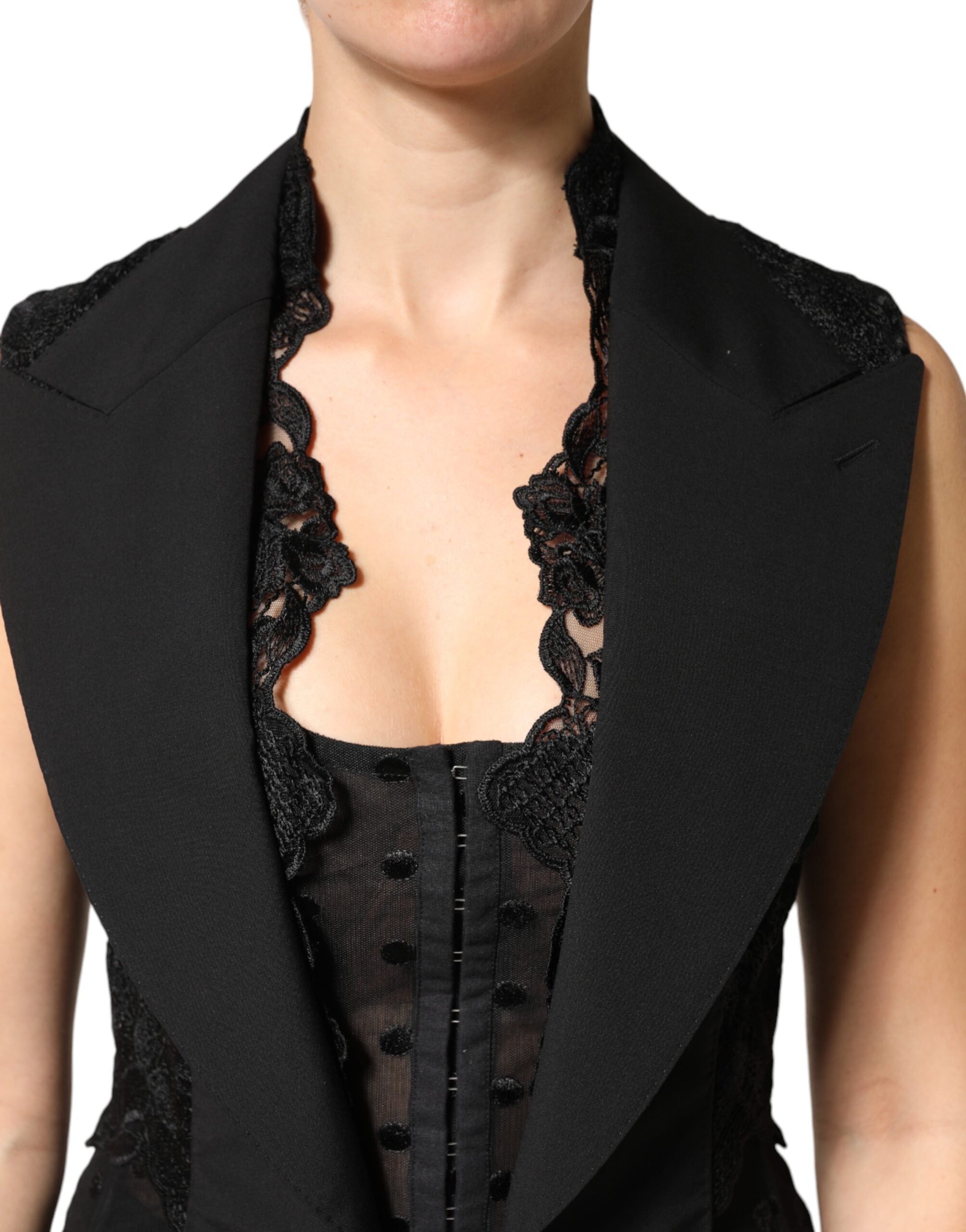 Dolce & Gabbana Black Lace Vest with V-Neck, Slit Hem, and Ruched Waist
