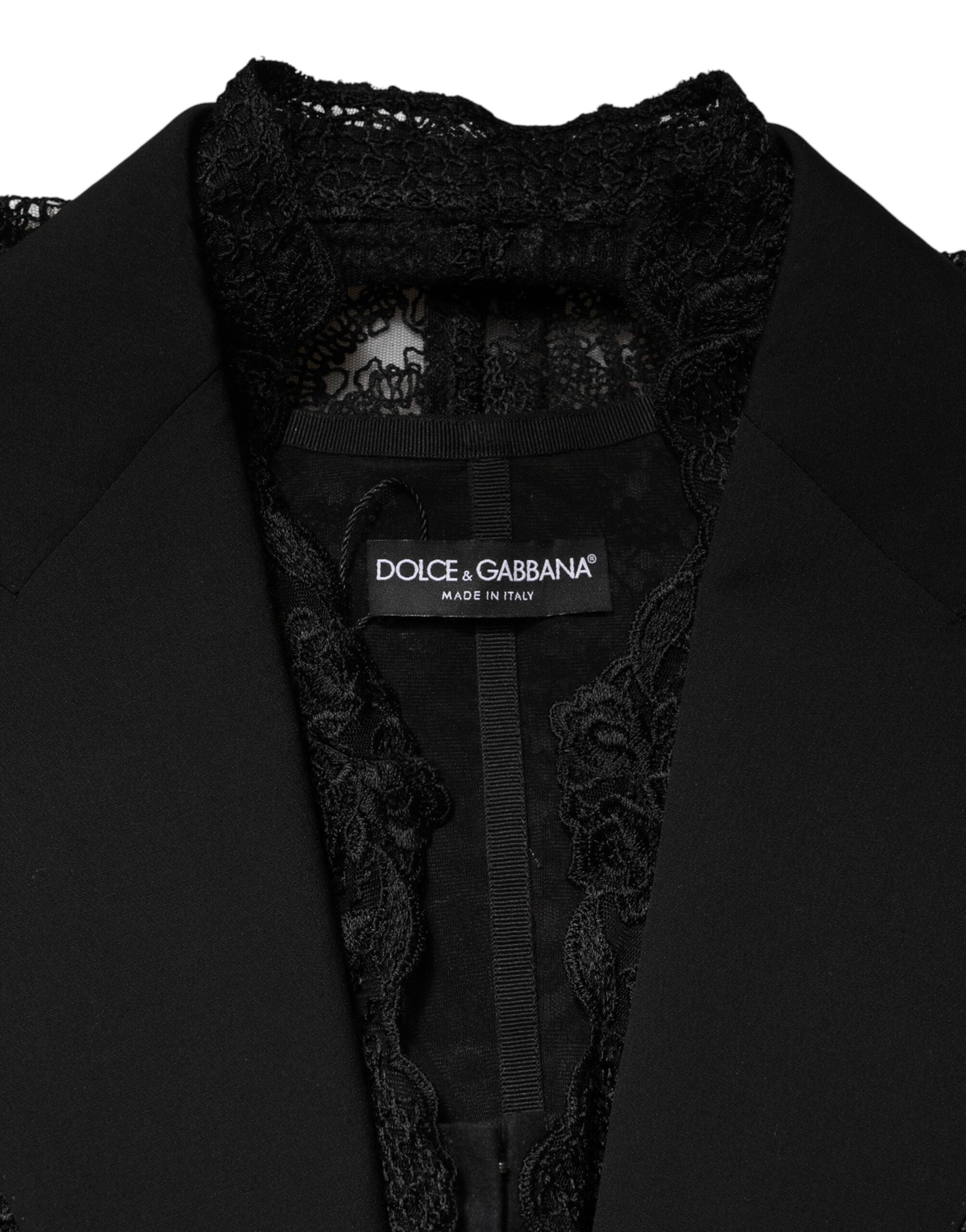 Dolce & Gabbana Black Lace Vest with V-Neck, Slit Hem, and Ruched Waist