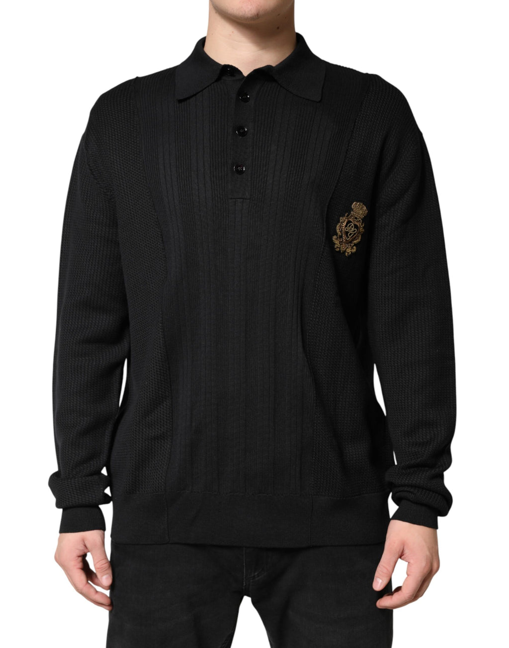 Dolce & Gabbana Men's Black Long-Sleeved Jumper with Crest Detail