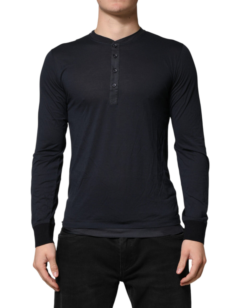 Dolce & Gabbana Dark Blue Cotton Henley Long-Sleeve Shirt