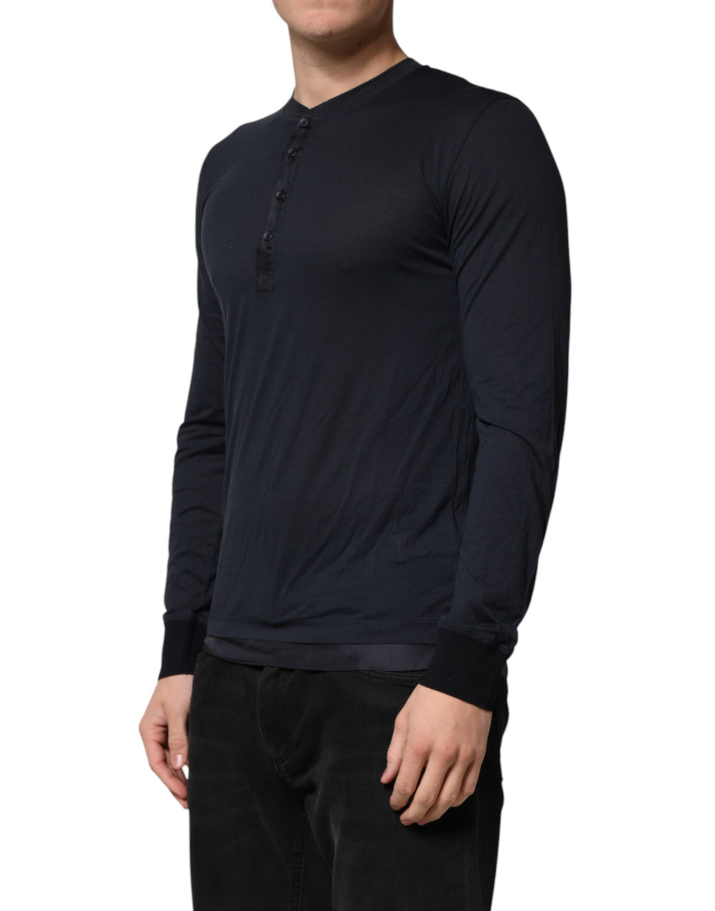 Dolce & Gabbana Dark Blue Cotton Henley Long-Sleeve Shirt