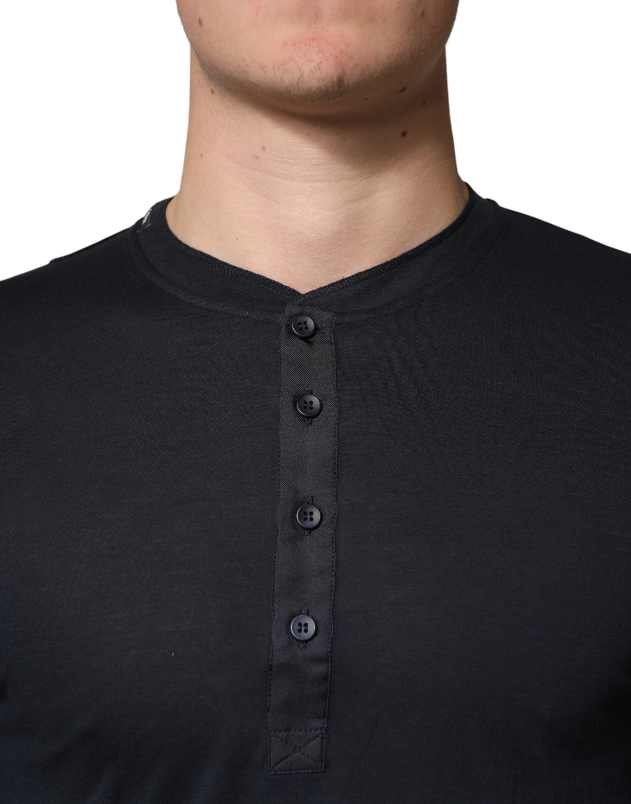 Dolce & Gabbana Dark Blue Cotton Henley Long-Sleeve Shirt