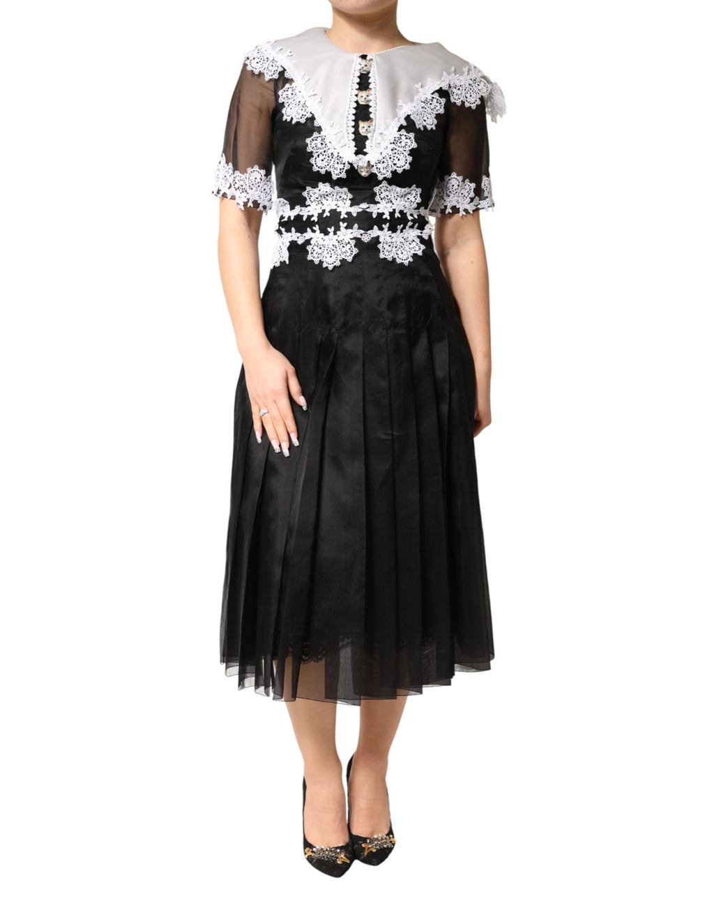 Dolce & Gabbana Schwarzes Seiden-Midi-Kleid mit Makramee-Spitze