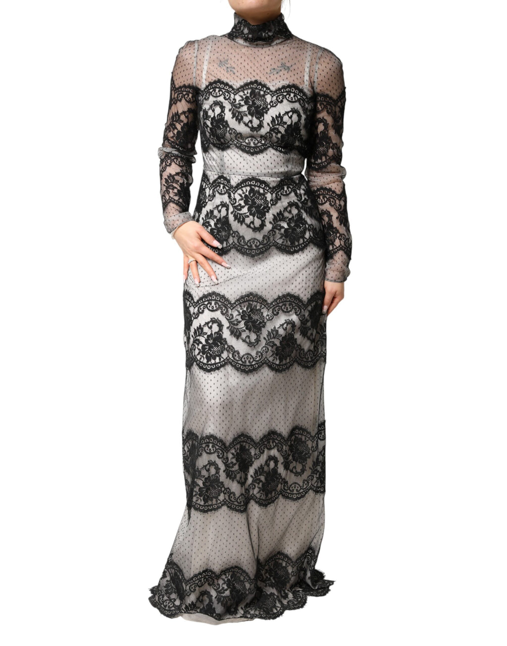 Dolce & Gabbana Black Silk-Blend Maxi Dress with Black and White Lace