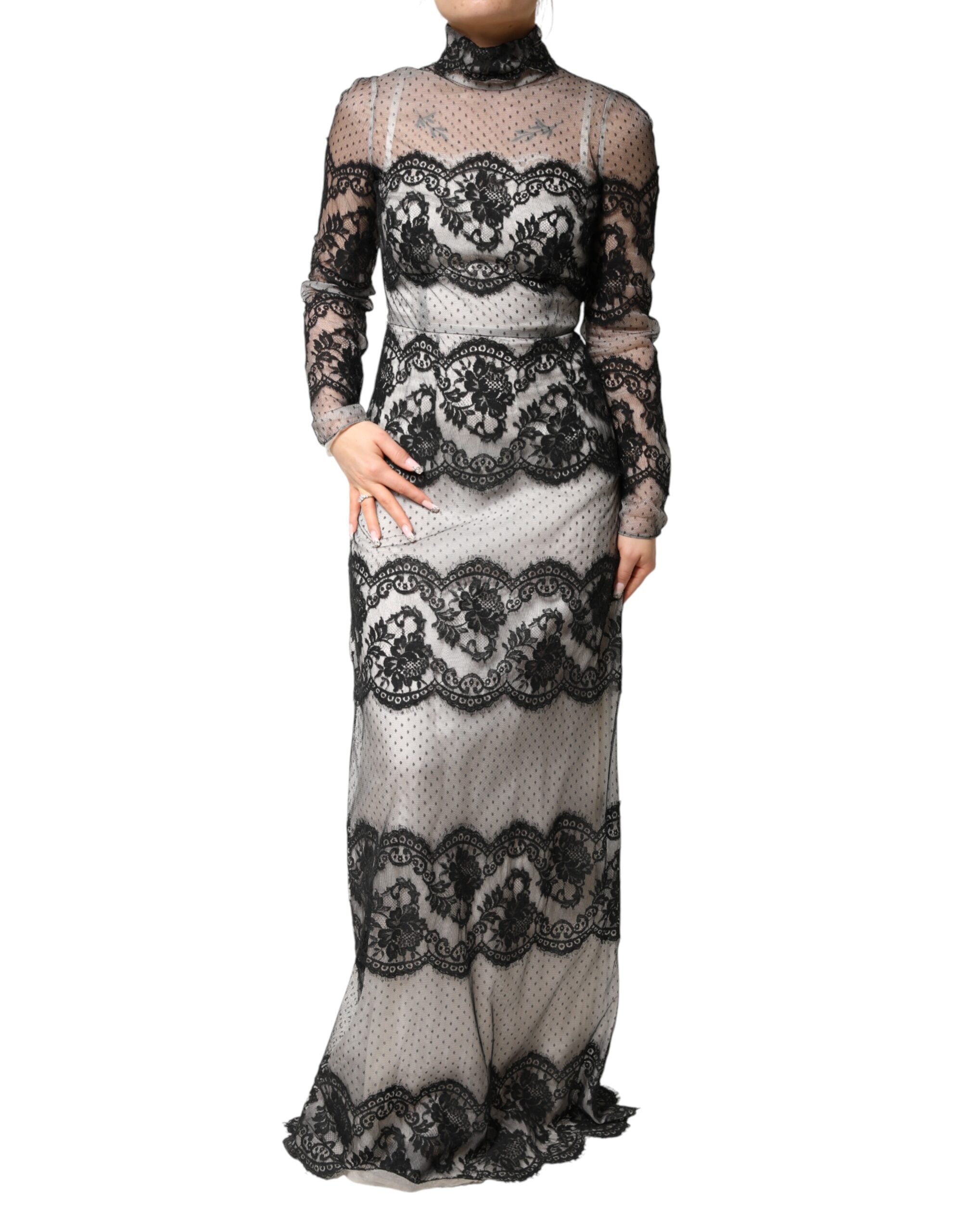 Dolce & Gabbana Black Silk-Blend Maxi Dress with Black and White Lace