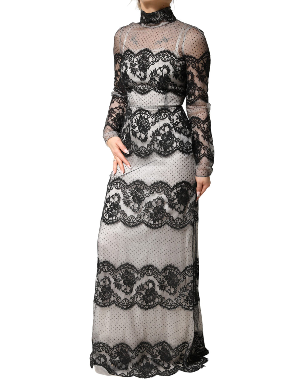 Dolce & Gabbana Black Silk-Blend Maxi Dress with Black and White Lace