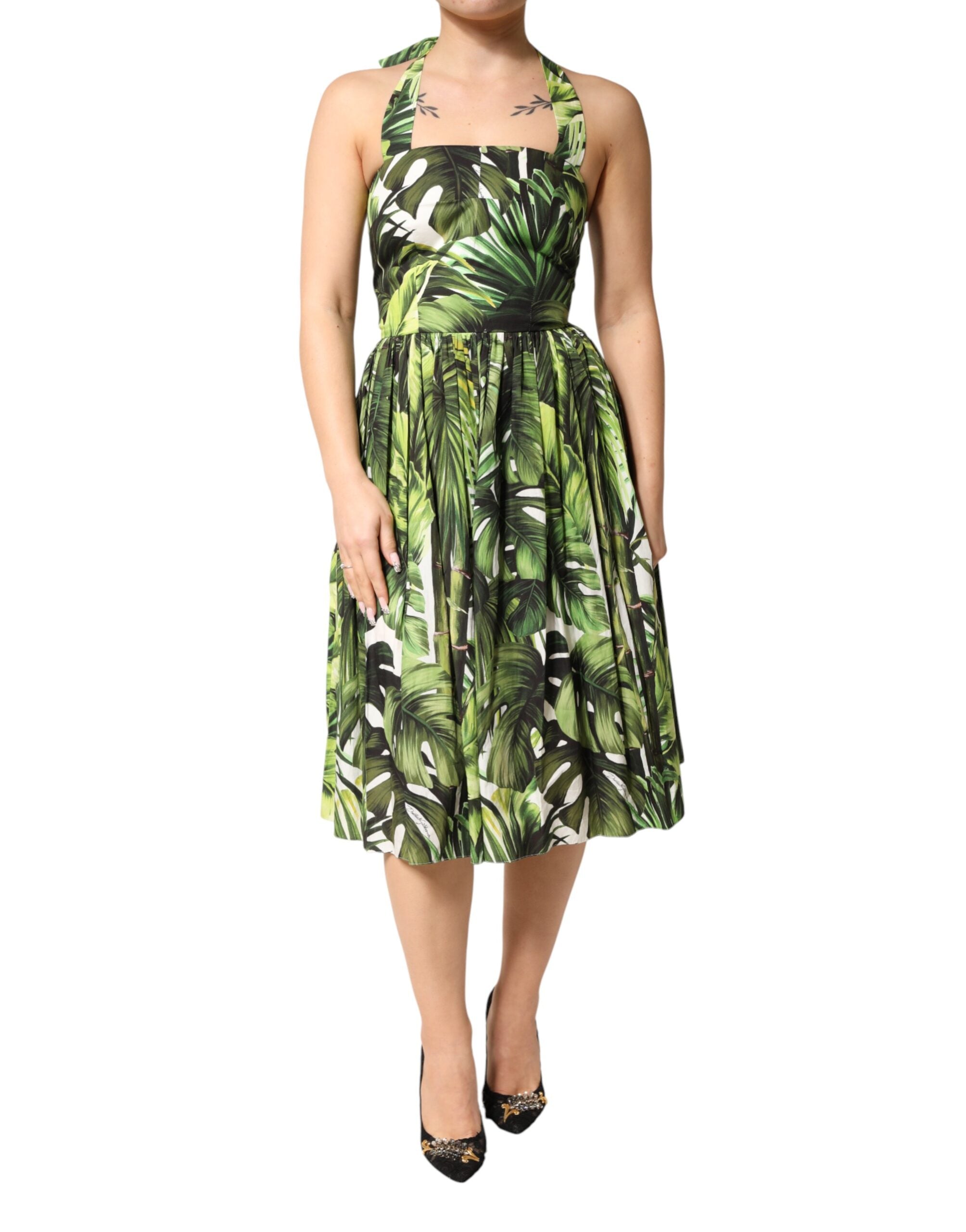 Dolce & Gabbana Green Cotton Leaf Print Midi Dress with Halterneck Detail
