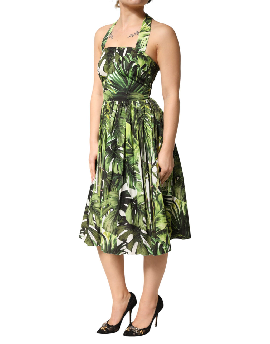 Dolce & Gabbana Green Cotton Leaf Print Midi Dress with Halterneck Detail