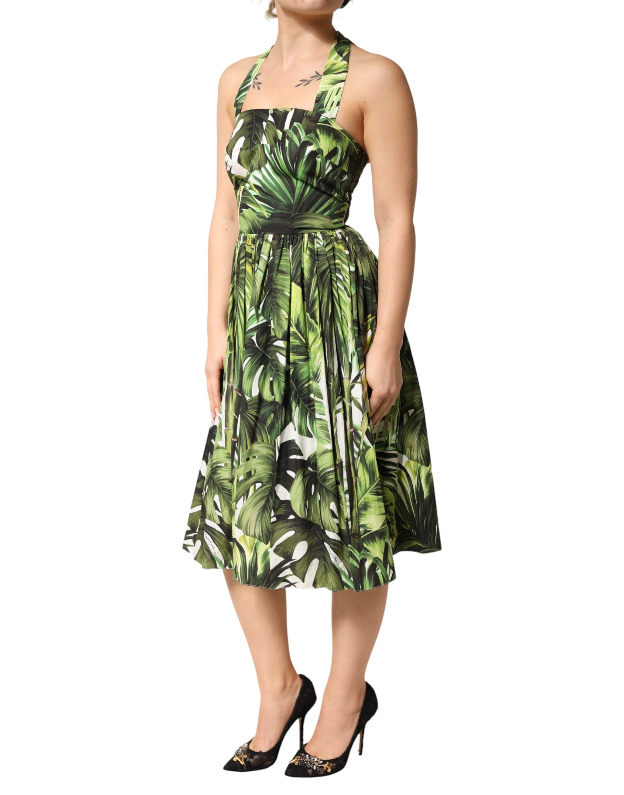 Dolce & Gabbana Green Cotton Leaf Print Midi Dress with Halterneck Detail