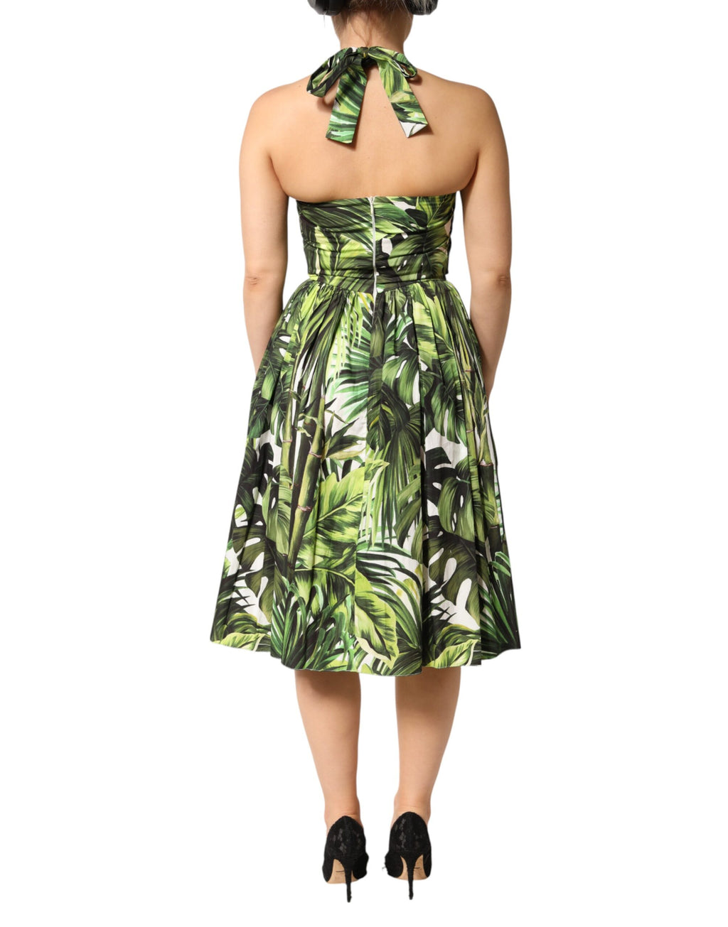 Dolce & Gabbana Green Cotton Leaf Print Midi Dress with Halterneck Detail