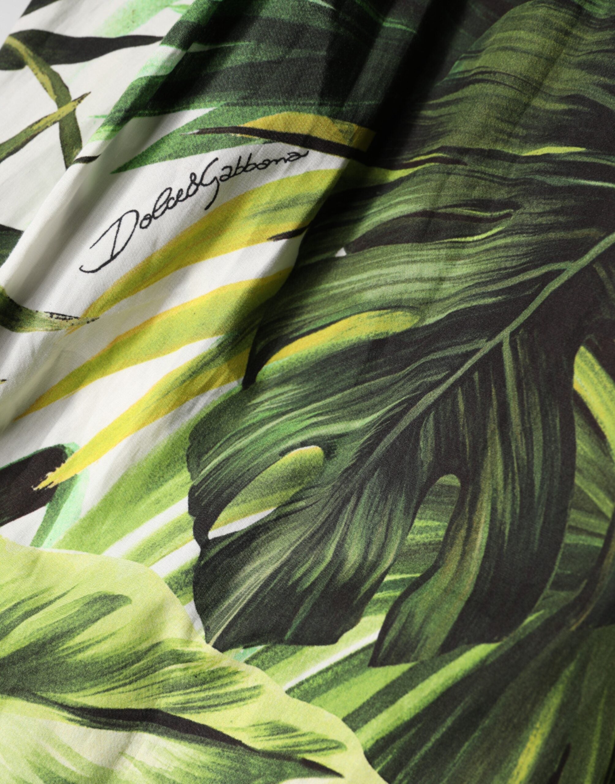 Dolce & Gabbana Green Cotton Leaf Print Midi Dress with Halterneck Detail