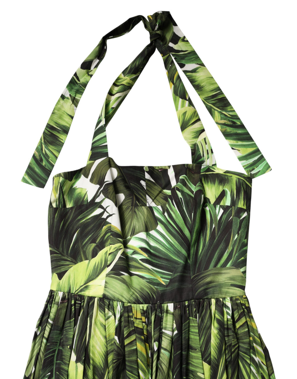 Dolce & Gabbana Green Cotton Leaf Print Midi Dress with Halterneck Detail
