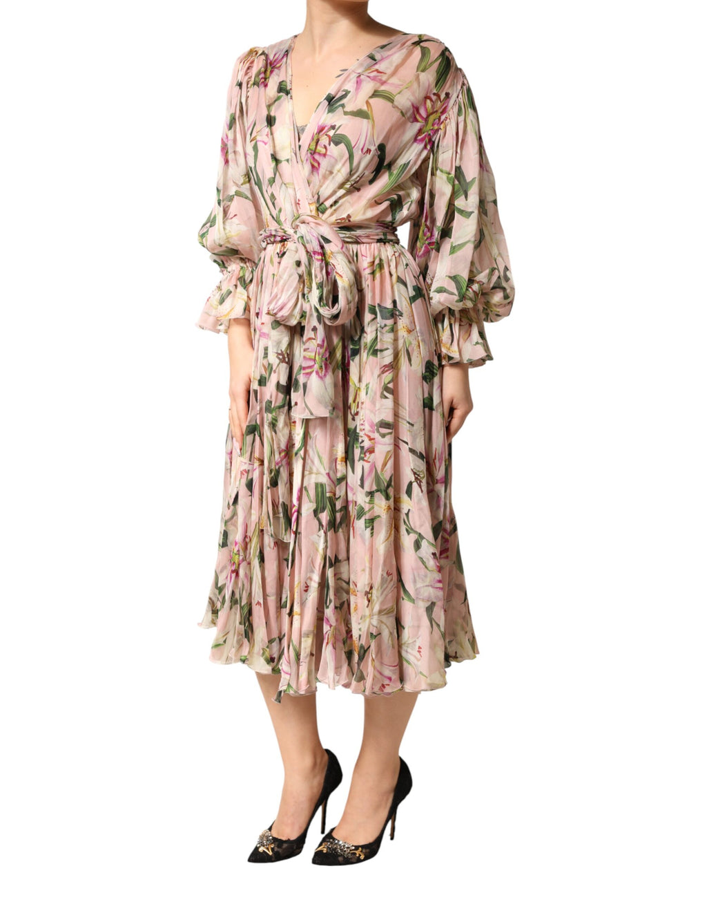Dolce & Gabbana Pink Lily Print Pleated A-Line Maxi Dress