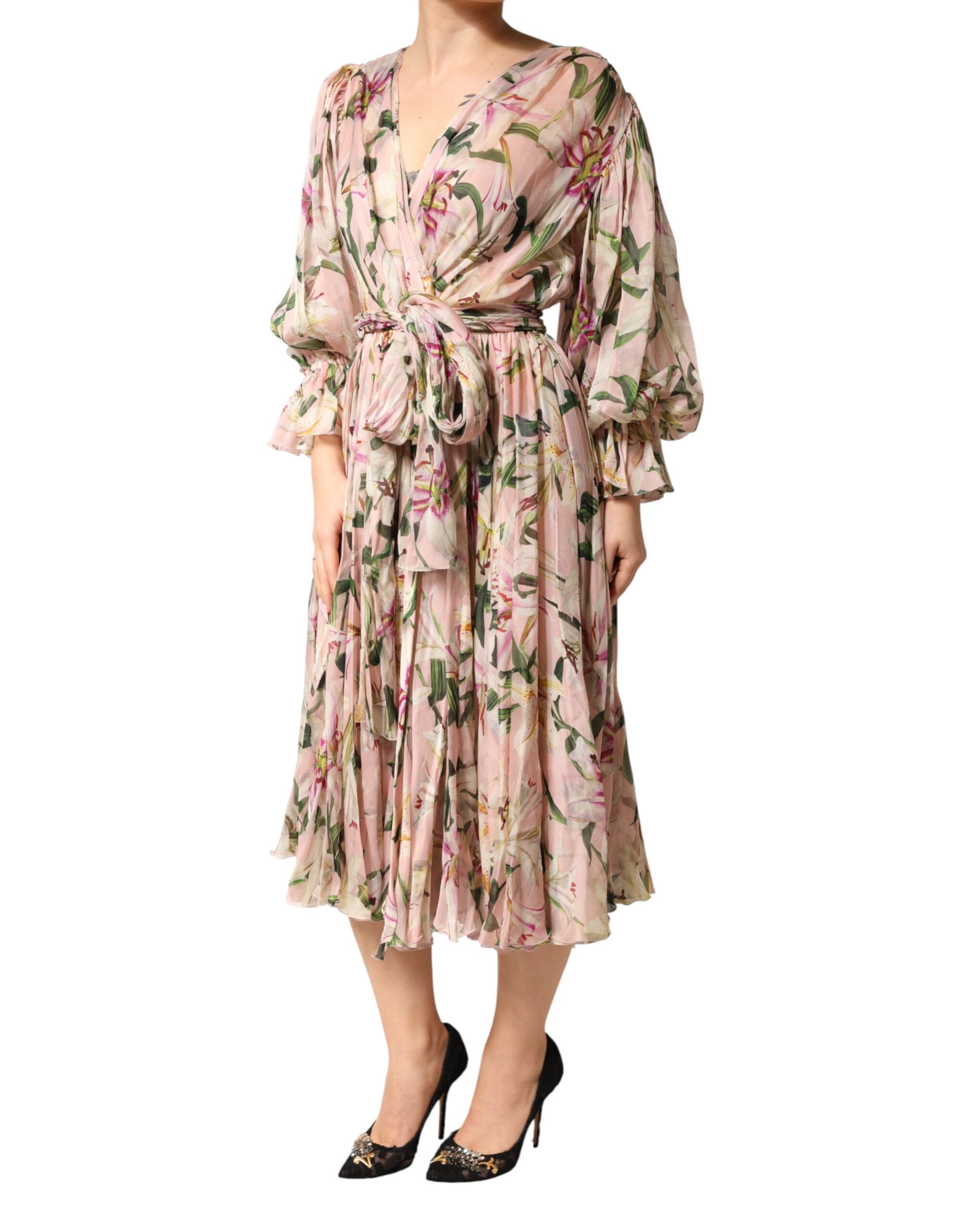 Dolce & Gabbana Pink Lily Print Pleated A-Line Maxi Dress