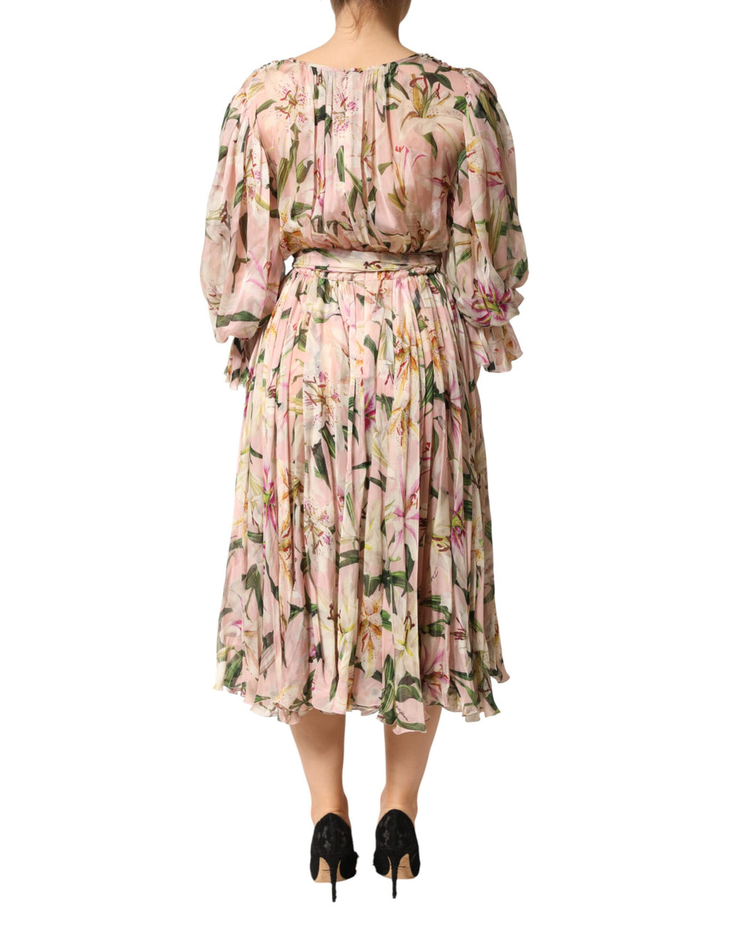 Dolce & Gabbana Pink Lily Print Pleated A-Line Maxi Dress