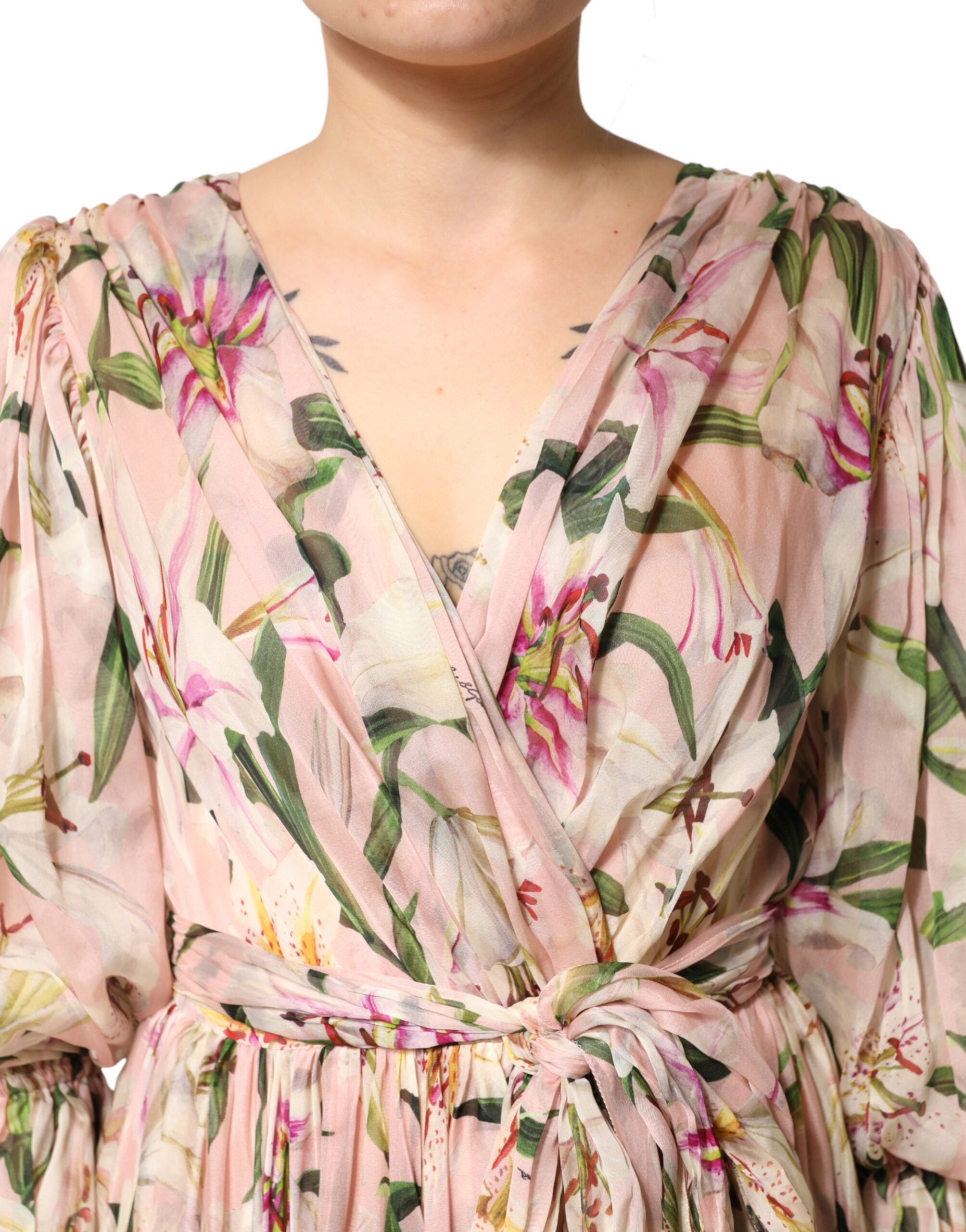 Dolce & Gabbana Pink Lily Print Pleated A-Line Maxi Dress