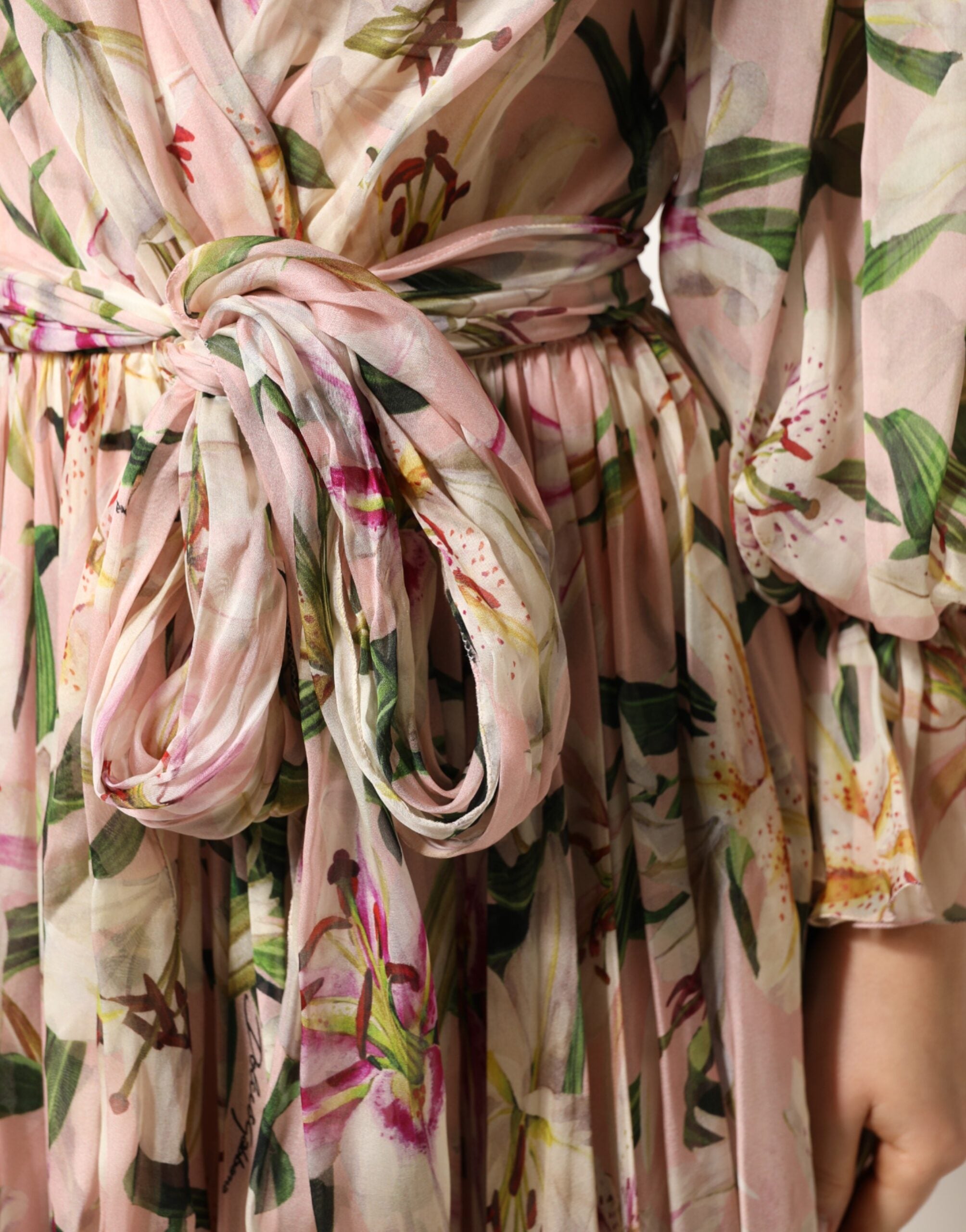 Dolce & Gabbana Pink Lily Print Pleated A-Line Maxi Dress