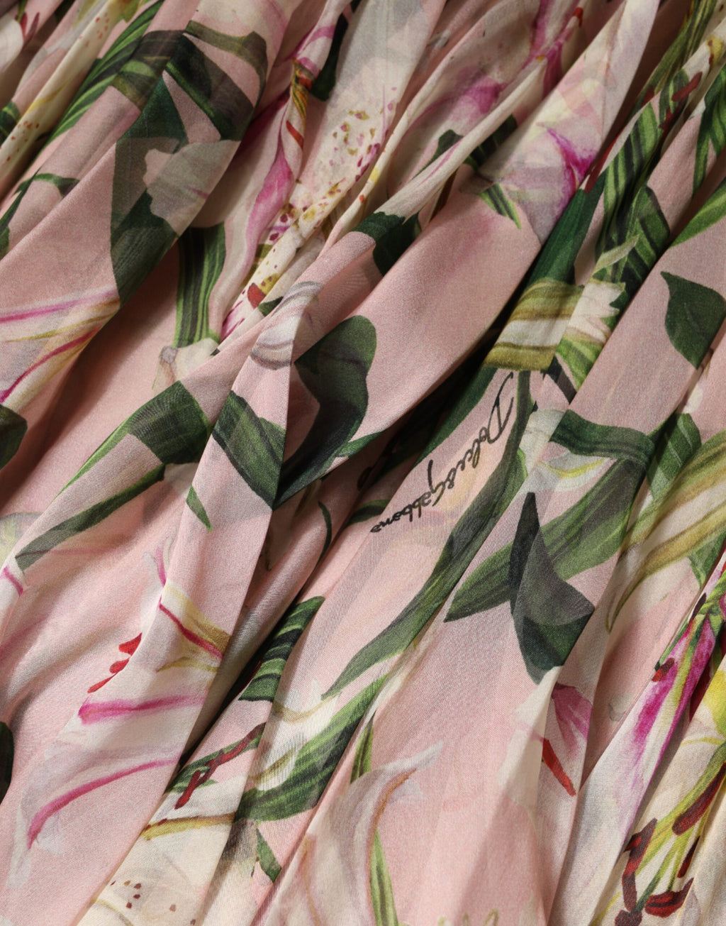Dolce & Gabbana Pink Lily Print Pleated A-Line Maxi Dress